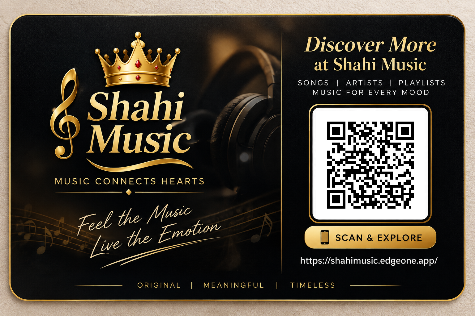 Shahi Music discovery card with QR code. Discover songs, artists and playlists.